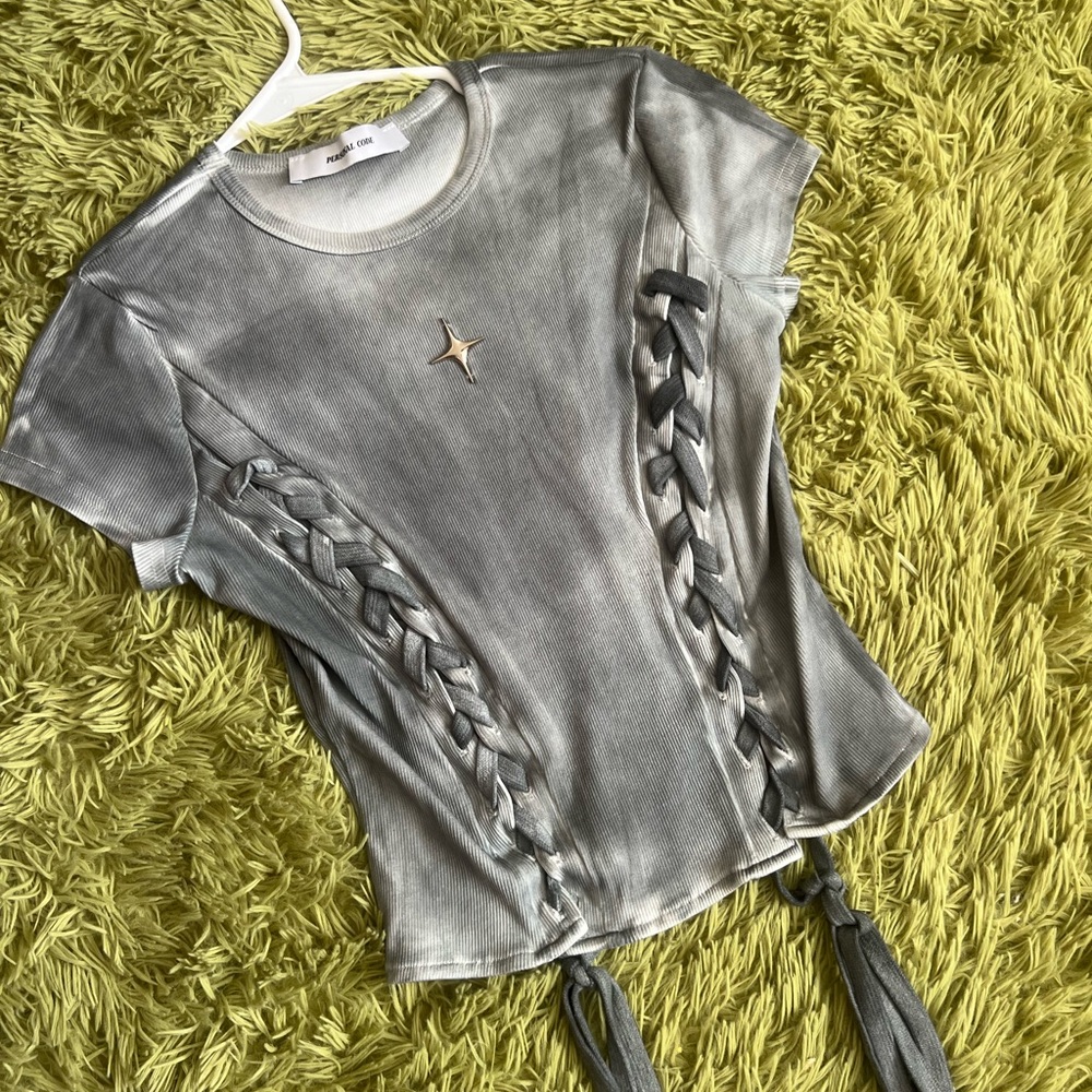 Persona Metallic Gray Short-Sleeve Top with Braided Sides